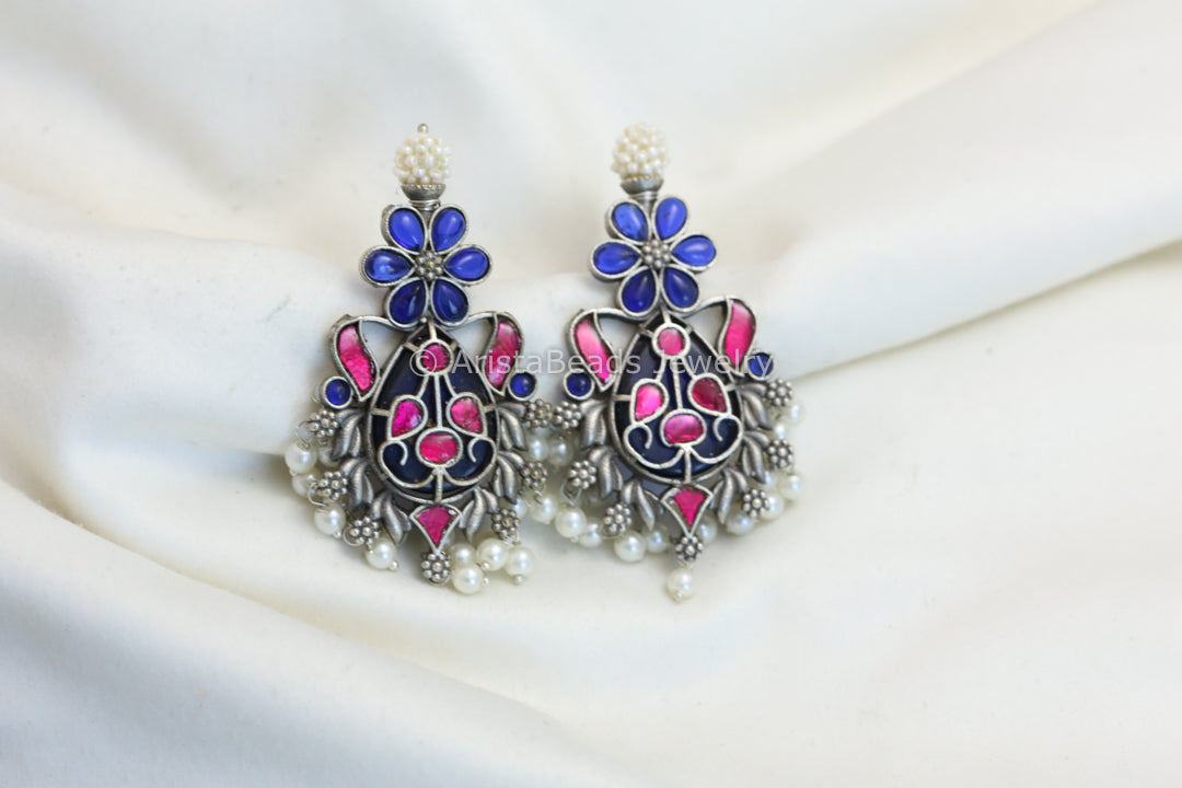 Silver Look Alike Earrings - Blue Ruby