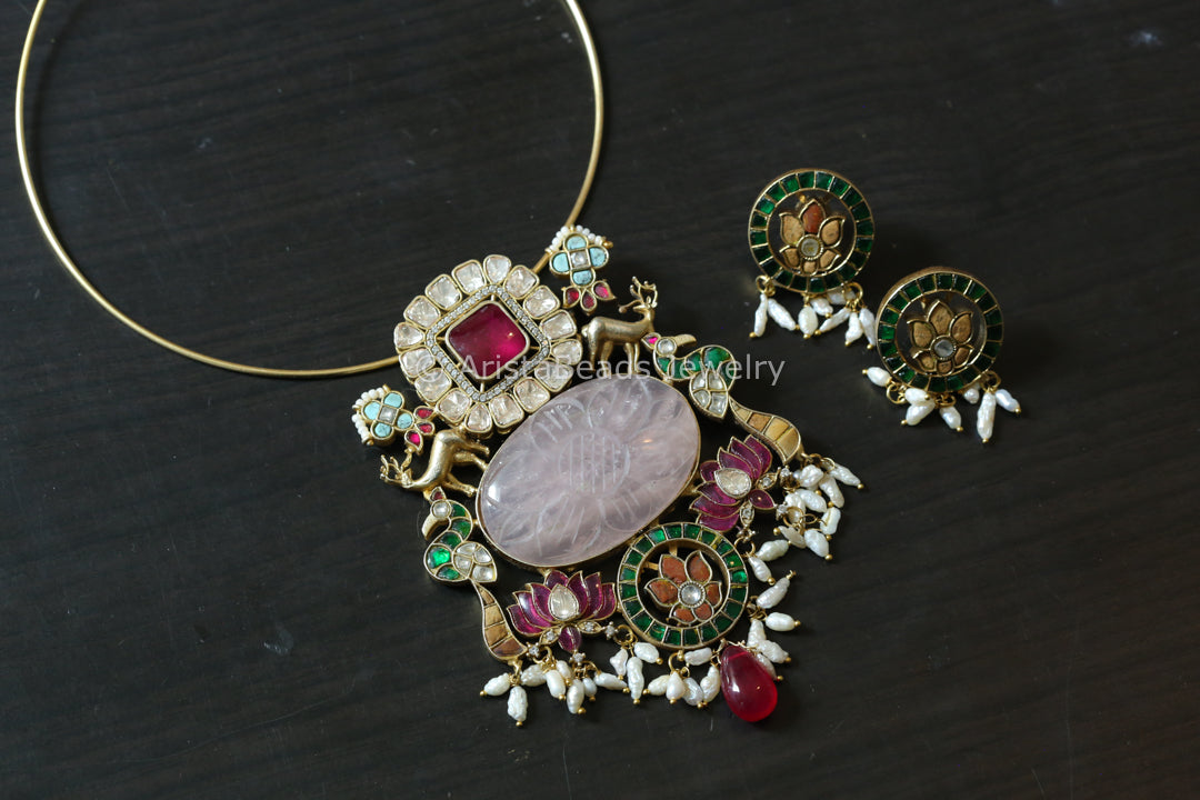 Rose Quartz & Real Moissanite Jadau Fusion Necklace - Style 7