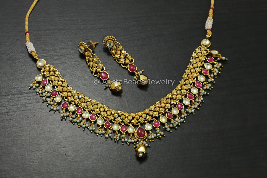Real Gold Look Kundan Necklace Set