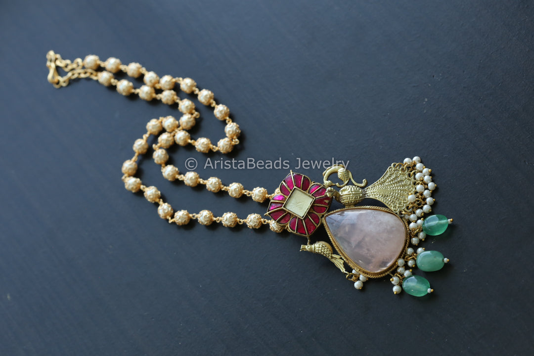Handmade Jadau Necklace -Rose Quartz