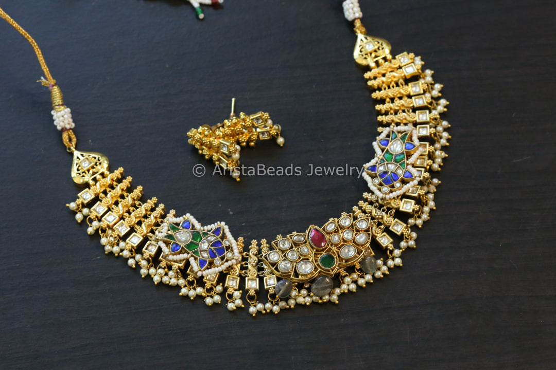 Gold Fusion Jadau Kundan Necklace Set - Style1