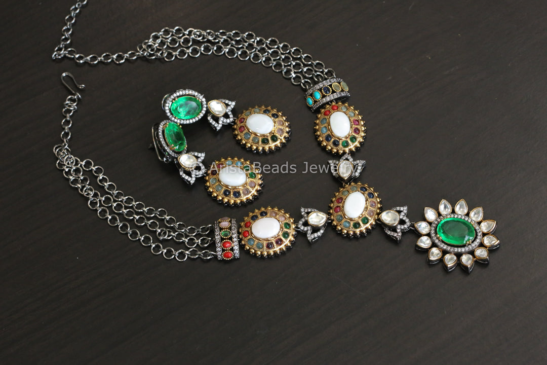 Sabya Inspired Contemporary Necklace Set - Green Doublet