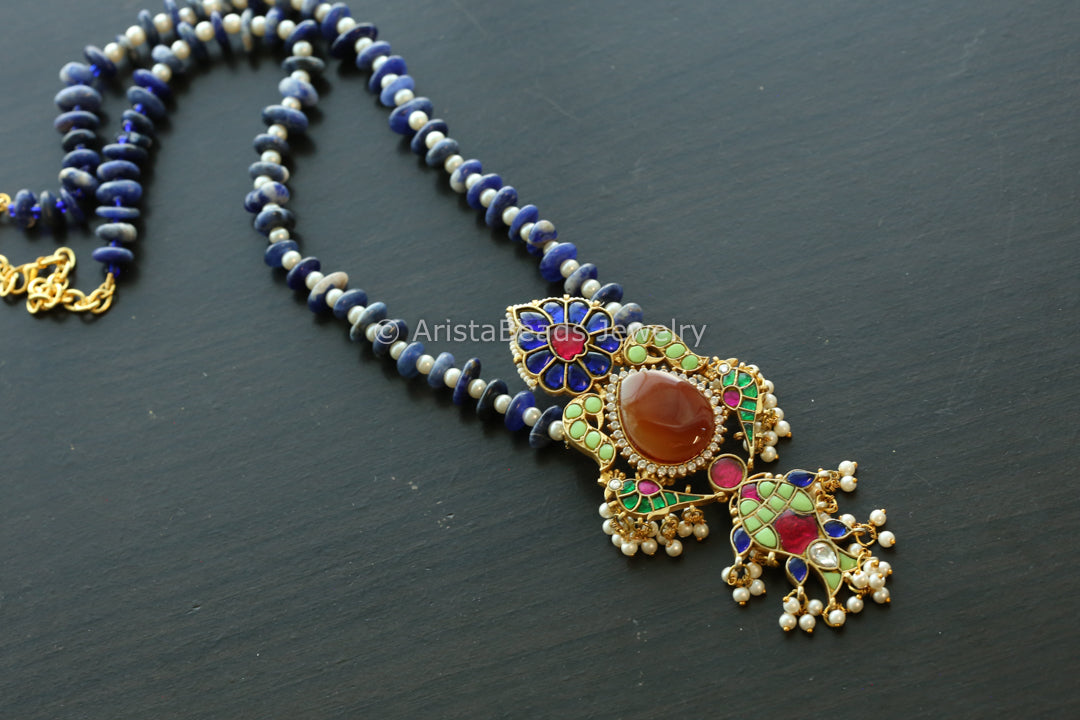 Carnelian Jadau Kundan Fusion Necklace - Style1 (Lapis mala)