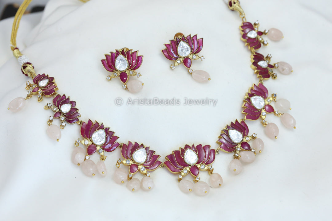 Ruby Jadau & Moissanites Lotus Necklace - Rose Quartz Drops