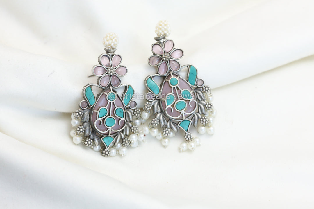 Silver Look Alike Earrings - Pink Turquoise