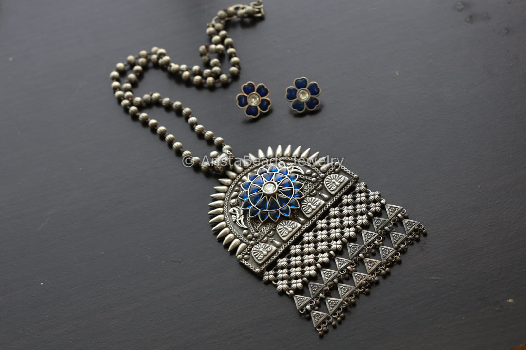Blue Jadau Silver Replica Necklace Set