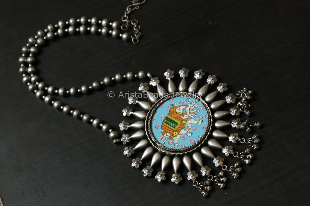 Pichwai Painting Silver Look Necklace - Airawat