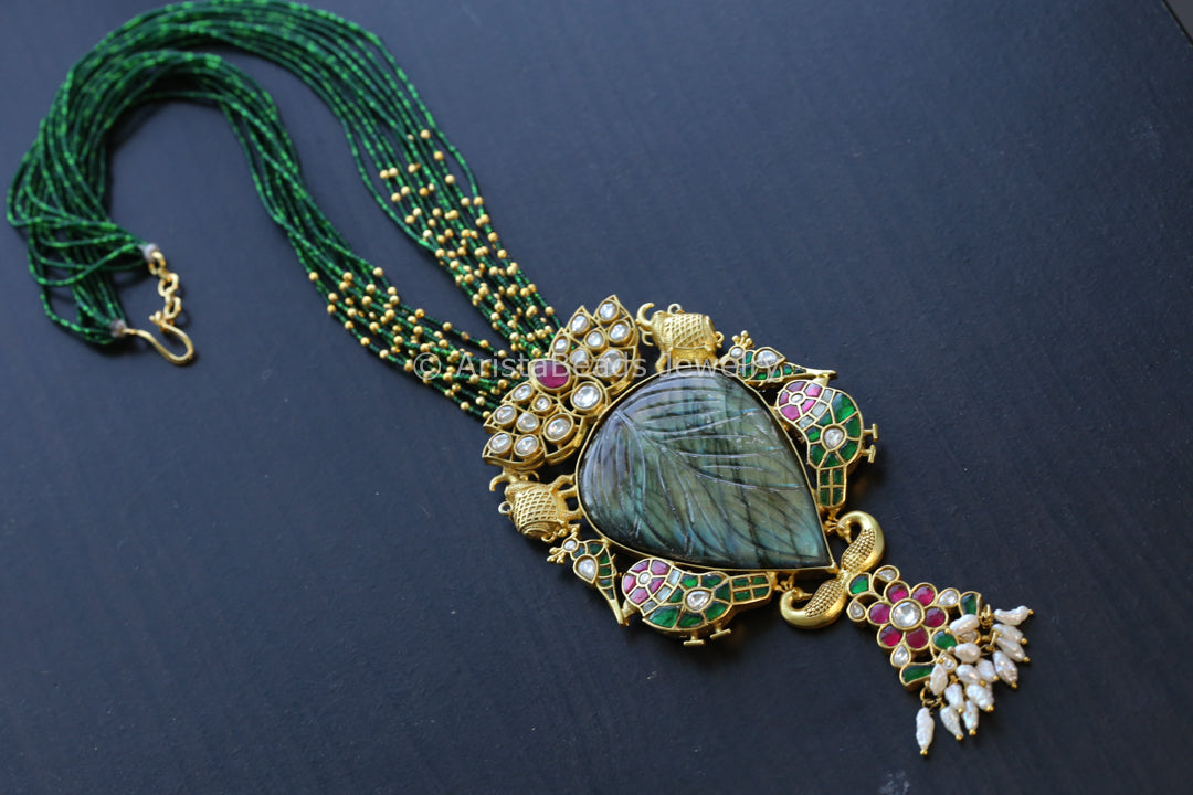 Designer Jadau Pendant Necklace - Carved Labradorite