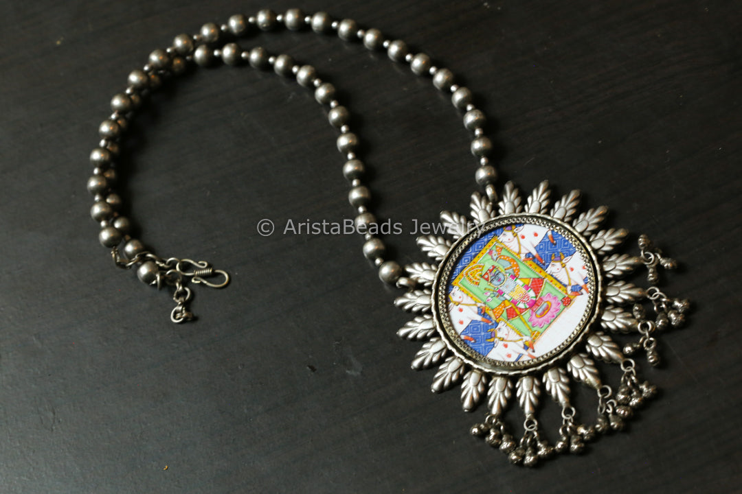 Pichwai Painting Silver Look Necklace - Balaji