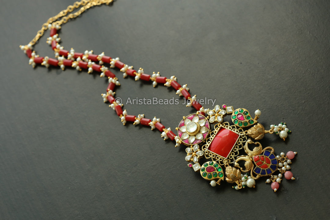Handmade Jadau Necklace - Coral
