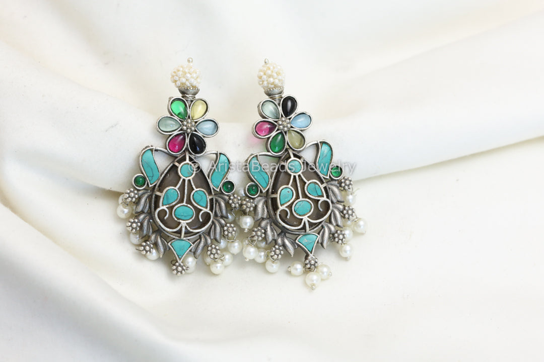 Silver Look Alike Earrings - Turquoise Multi