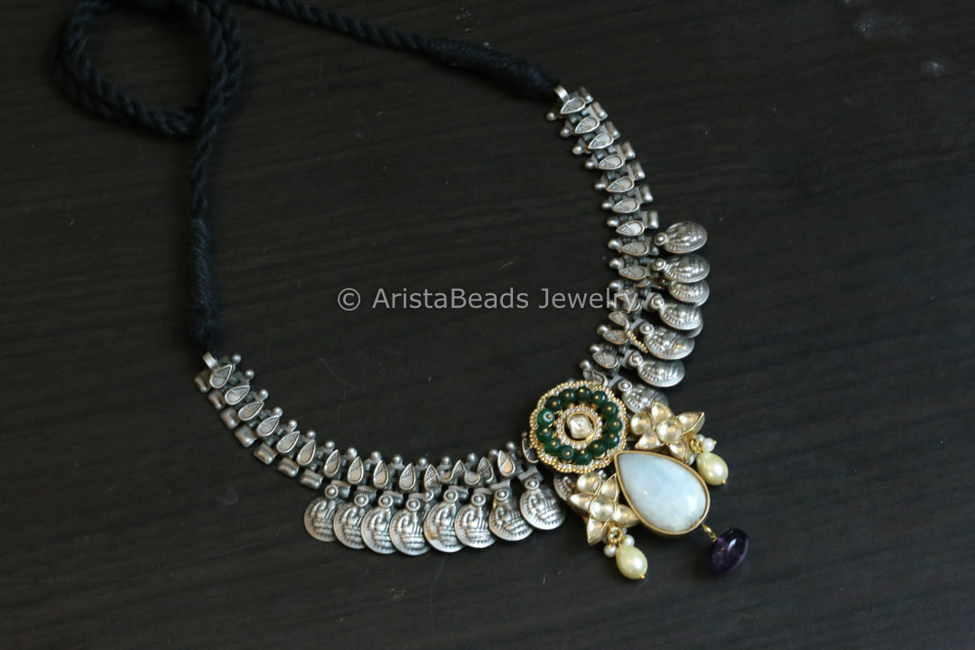 Real Silver Replica Necklace- Jadau Motif With Larimar Stone