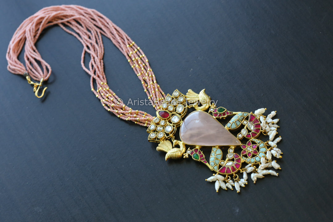 Jadau Kundan Fusion Necklace - Rose Quartz