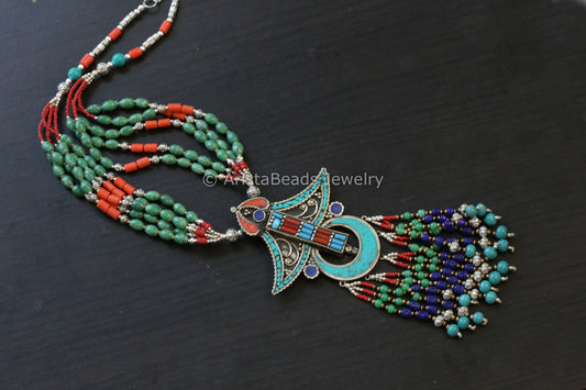 Real Tibetan Necklace With Semiprecious Stones - Design 11