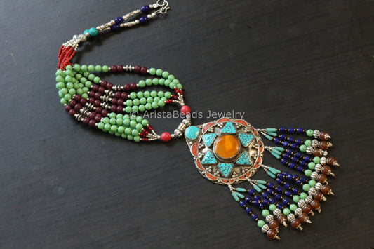 Real Tibetan Necklace With Semiprecious Stones - Design 12