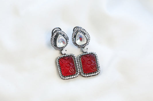Red Carved Stone Kundan Polki Earrings