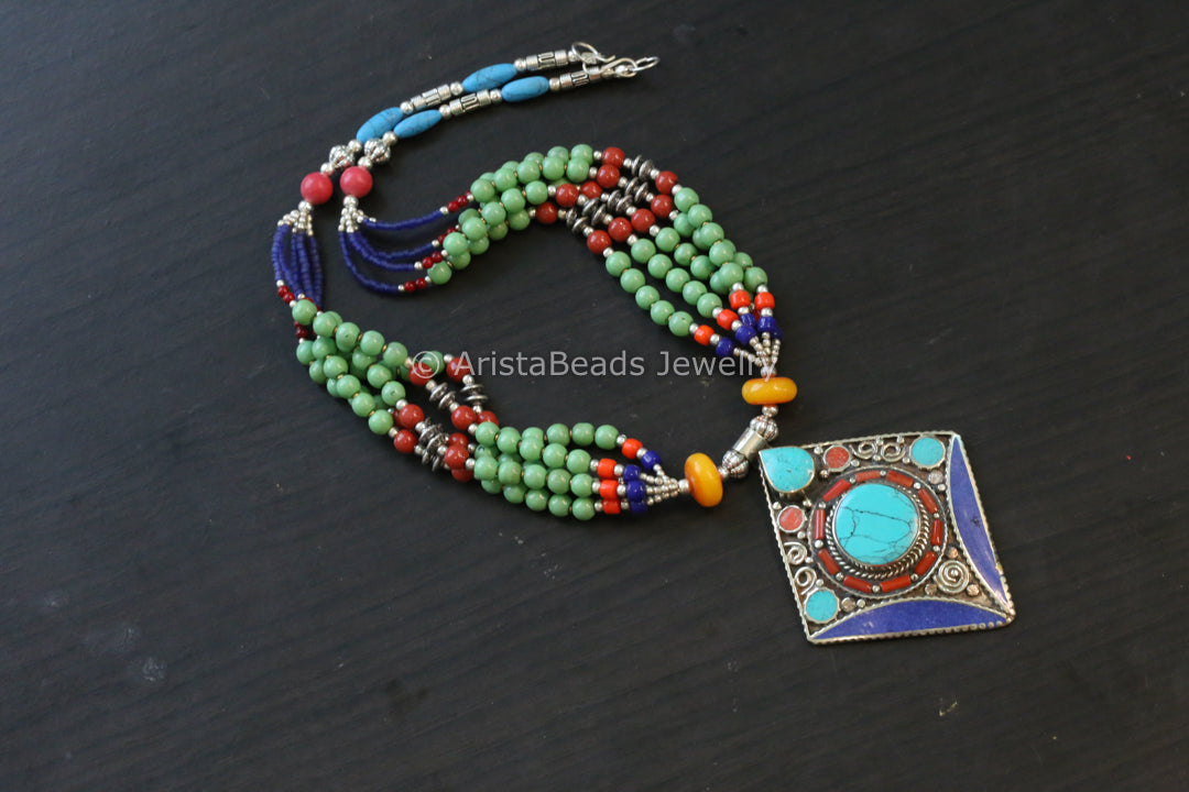 Real Tibetan Necklace With Semiprecious Stones - Design 8