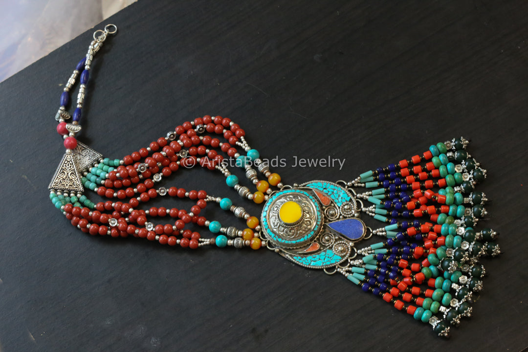 Real Tibetan Necklace With Semiprecious Stones - Design 13