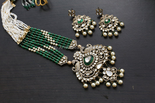 Premium Moissanite Look Polki Kundan Necklace Set - Green