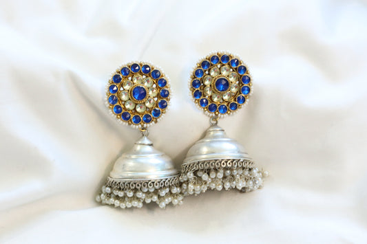 Blue Kundan Silver Look Earrings