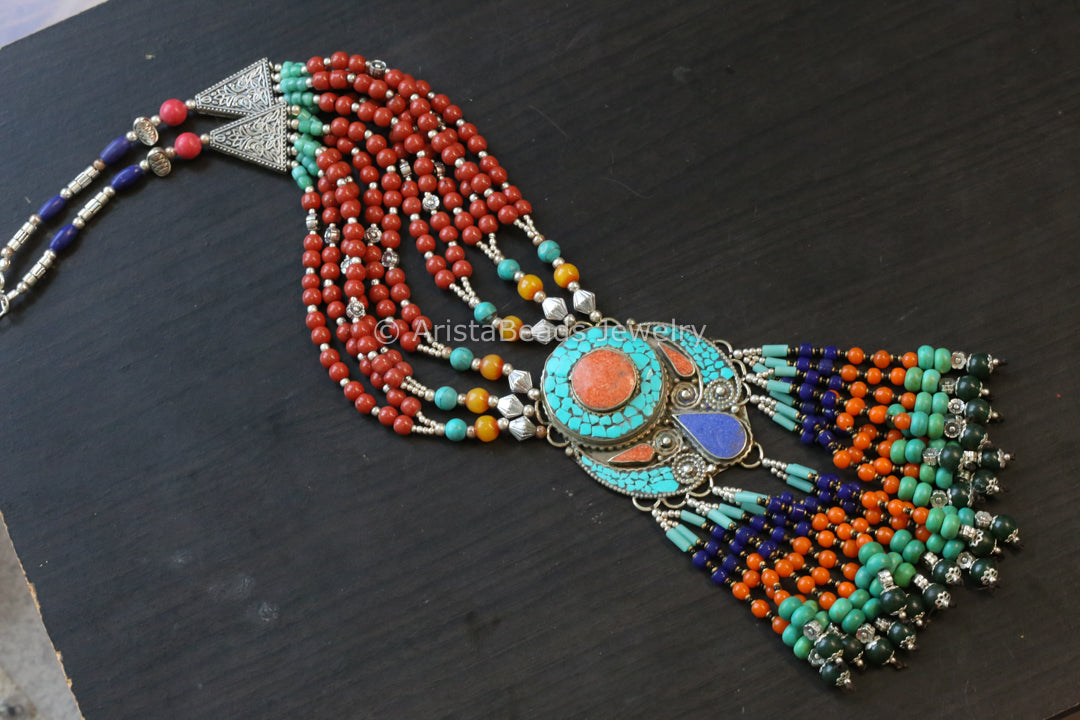 Real Tibetan Necklace With Semiprecious Stones - Design 7