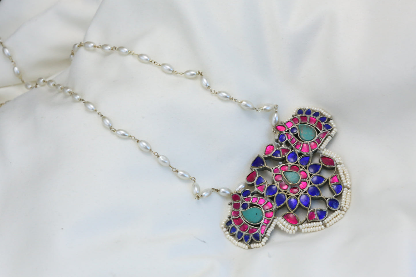 Jadau Kundan Silver Finish Necklace - Blue Ruby