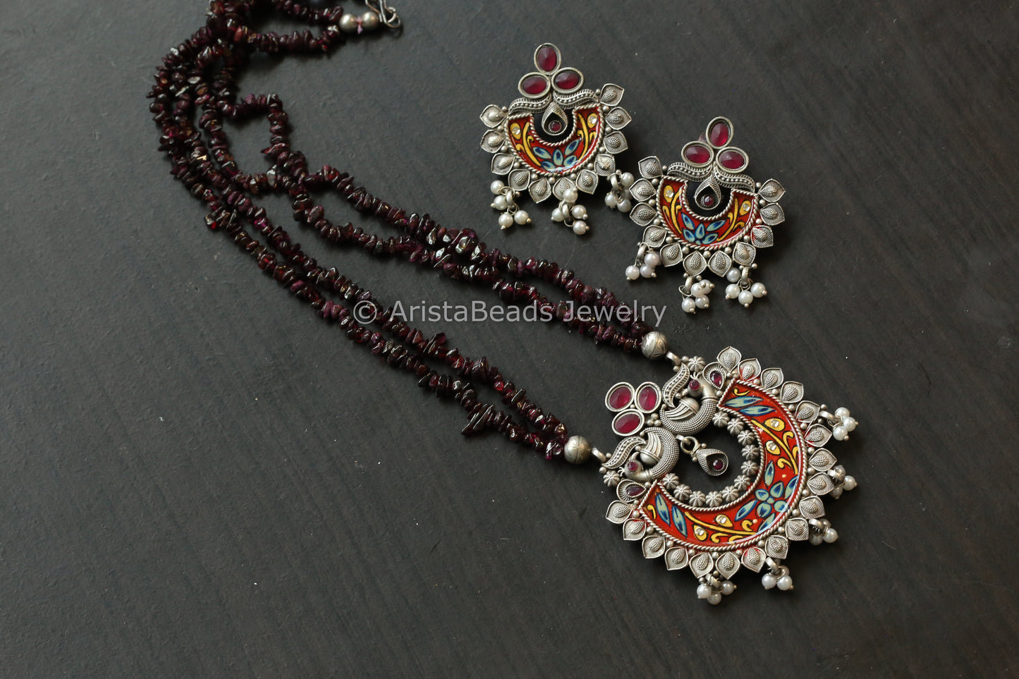 Enamel Oxidized Necklace Set - Garnet Beads