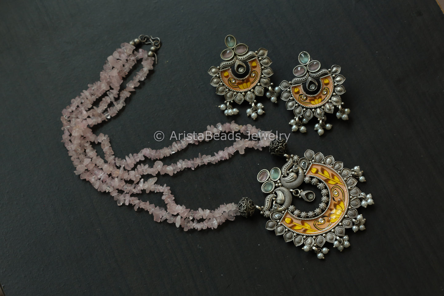 Enamel Oxidized Necklace Set - Rose Quartz Beads