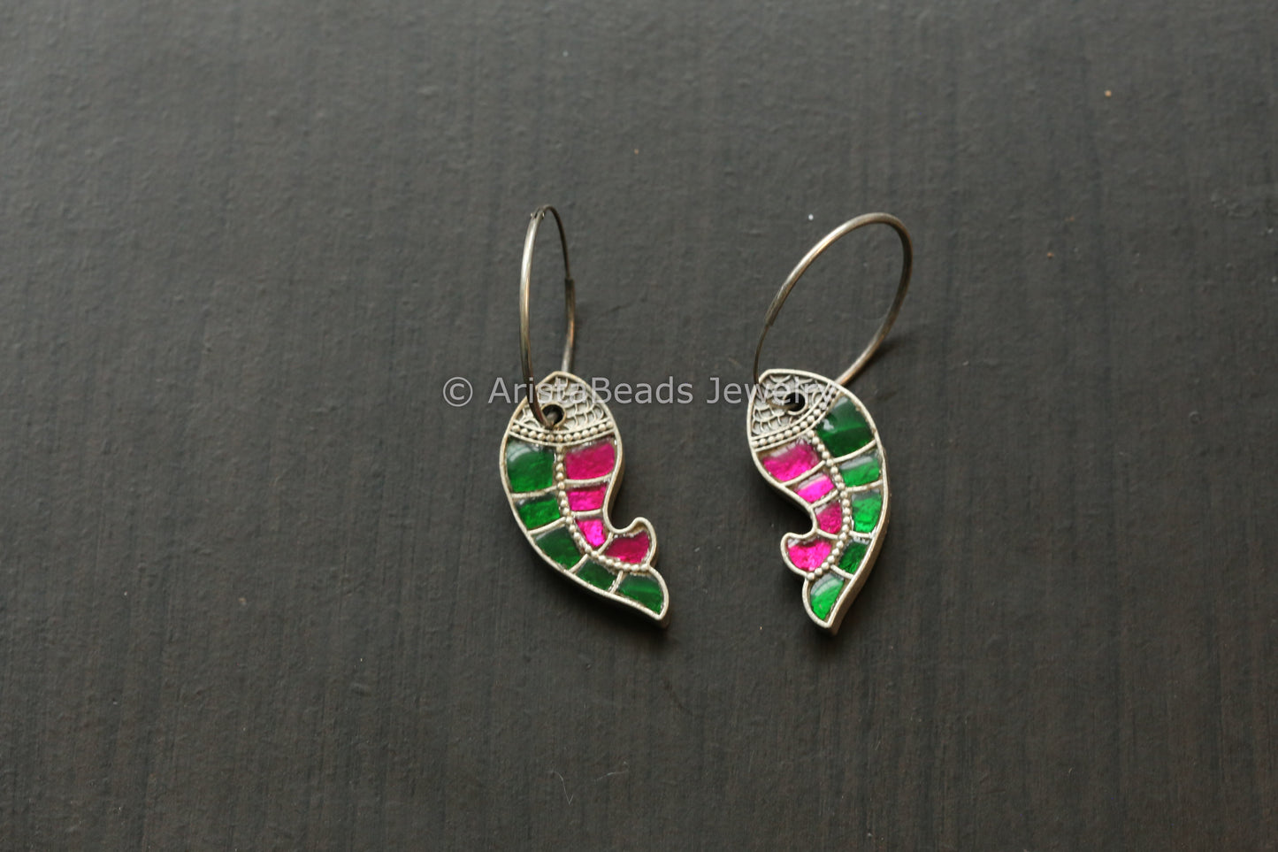 Jadau Fish Hoop Earrings - Ruby Green