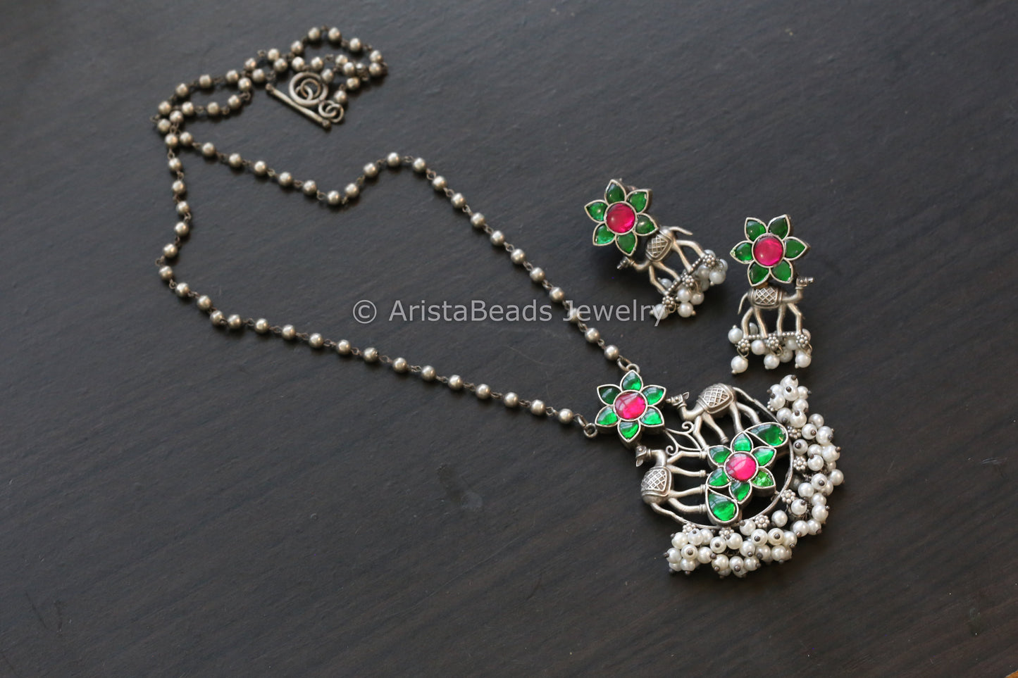 Jadau & Pearls Silver Look Alike Necklace Set - Ruby Green