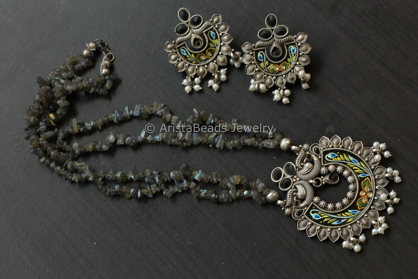 Enamel Oxidized Necklace Set - Labradorite Beads