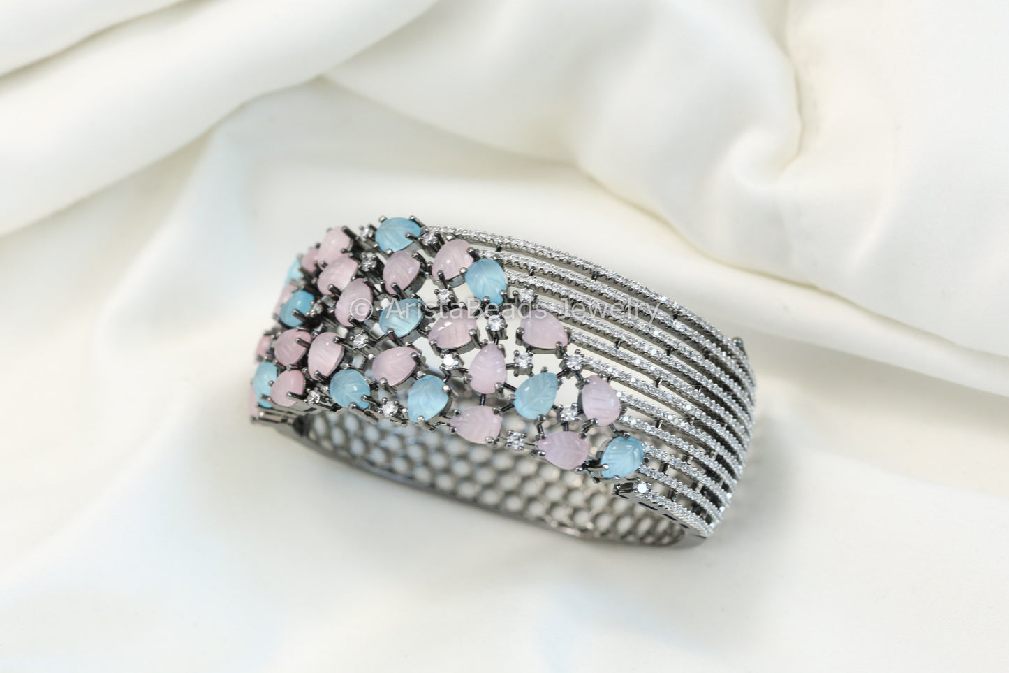 Boutique CZ & Carved Stone Bracelet (Openable) - Blue Pink