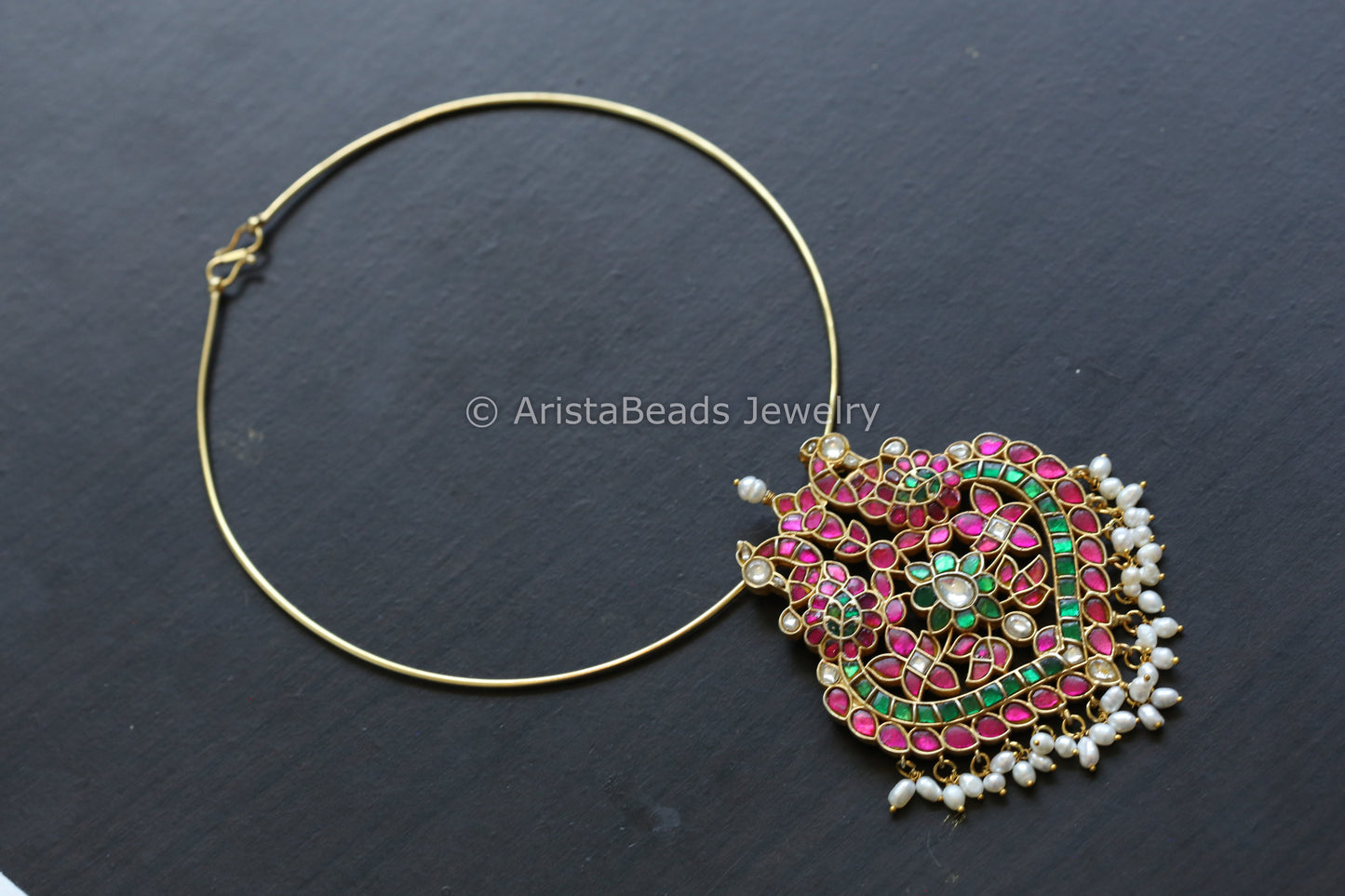 Real Jadau Hasli Necklace (Removable) - Ruby Green