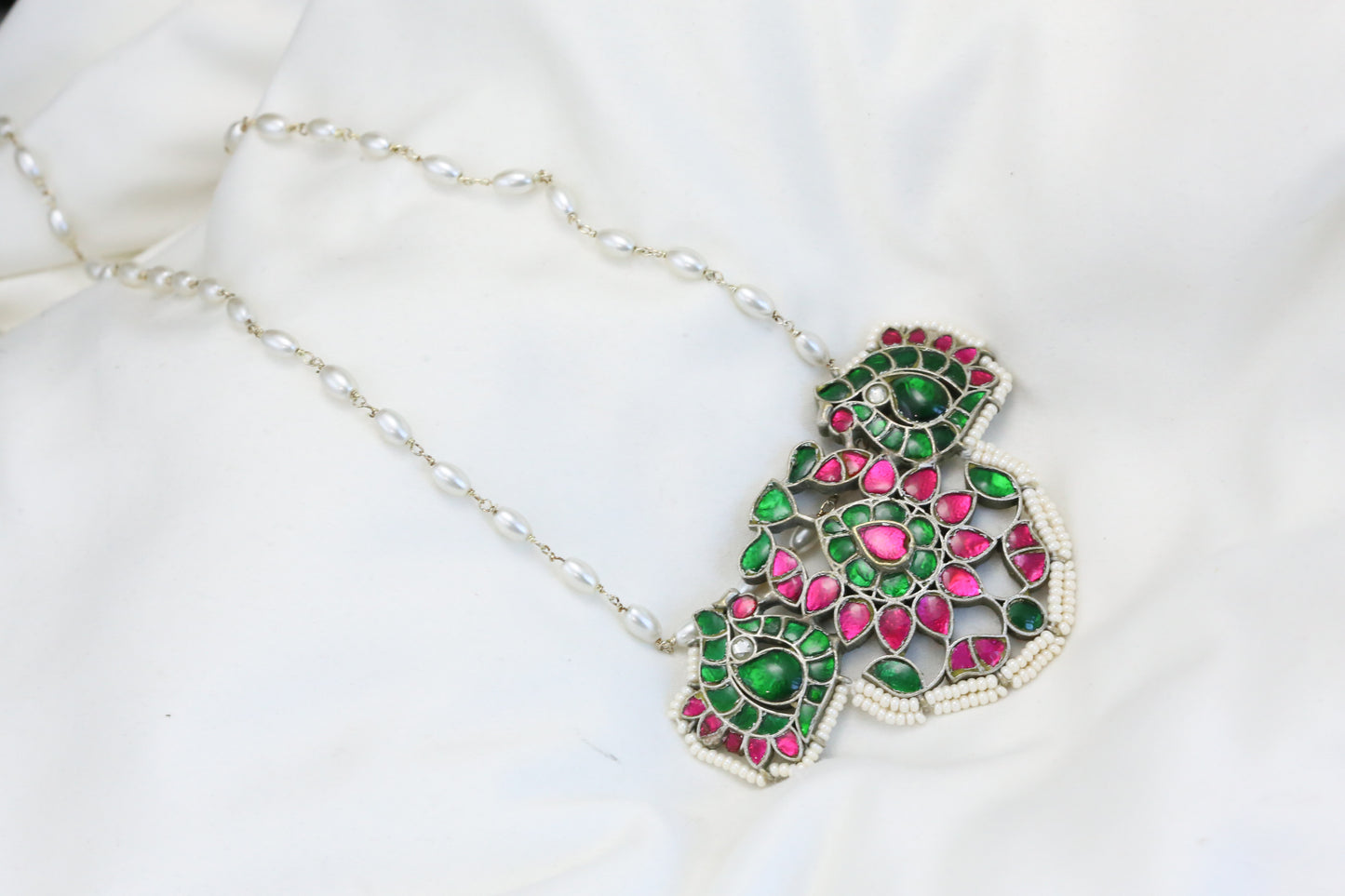 Jadau Kundan Silver Finish Necklace -Green Ruby
