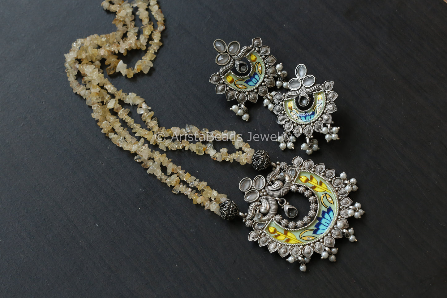 Enamel Oxidized Necklace Set - Citrine Beads