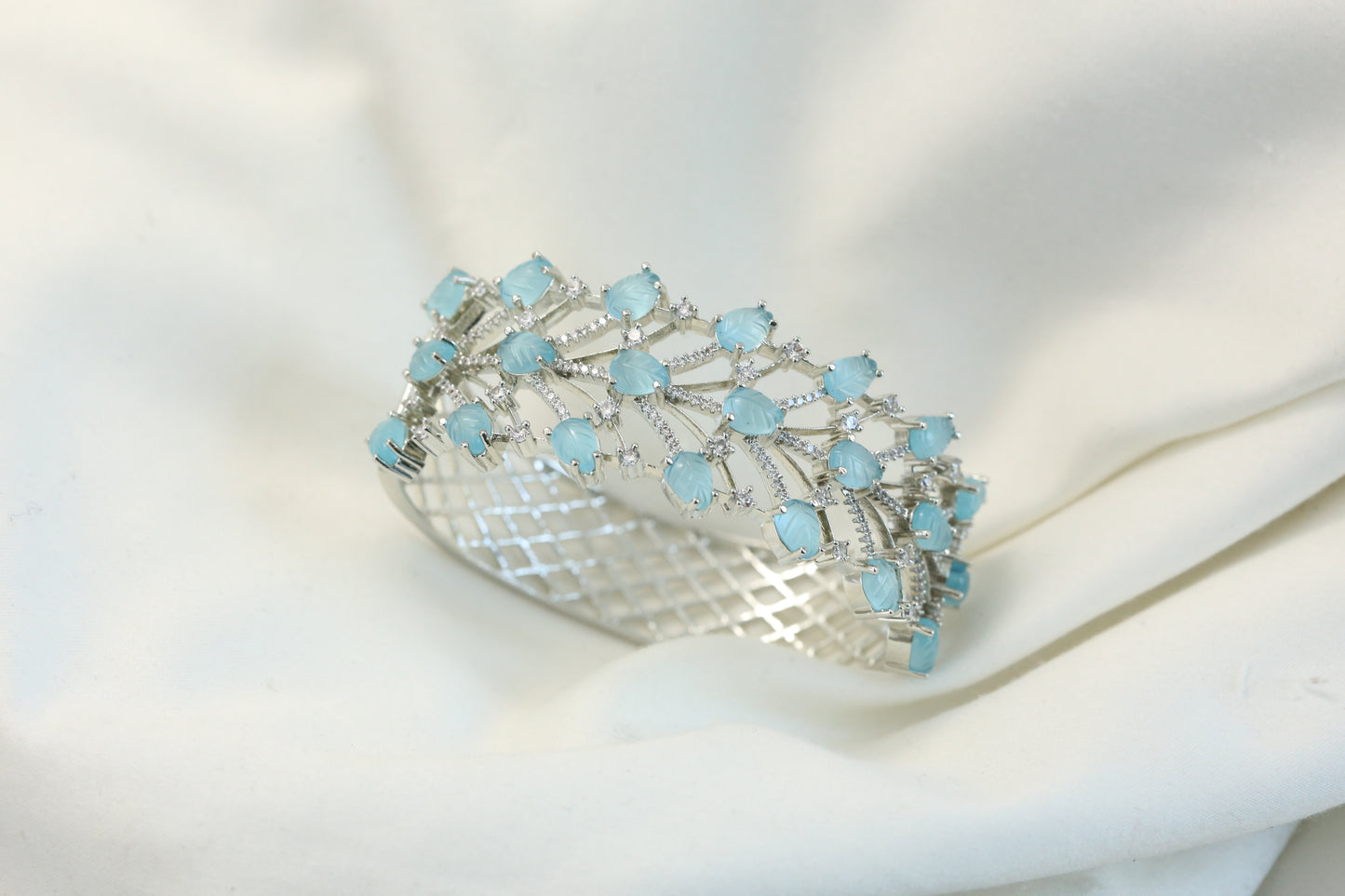 Silver Carved Stones Bracelet -Blue (Openable)