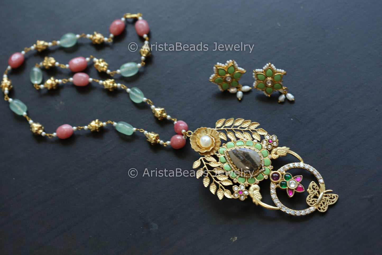 Kundan Jadau Pista Green Necklace Set - Jasper