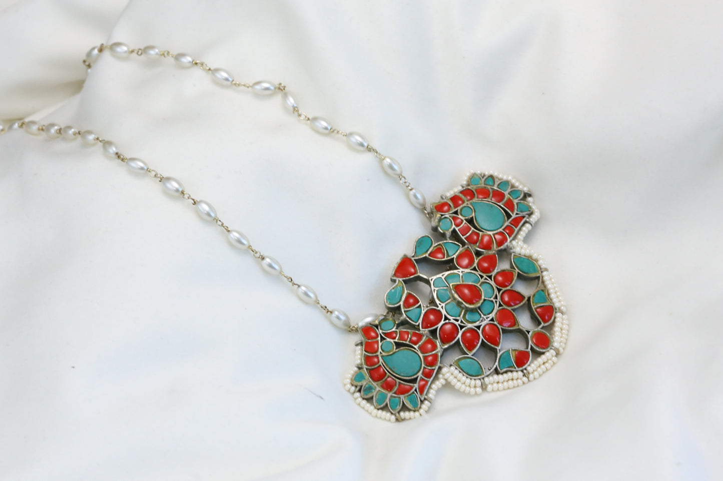 Jadau Kundan Silver Finish Necklace - Coral Turquoise