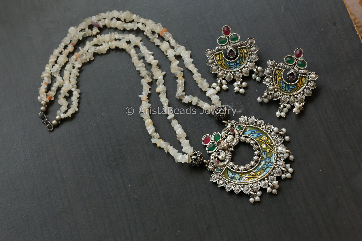 Enamel Oxidized Necklace Set - Moonstone Beads