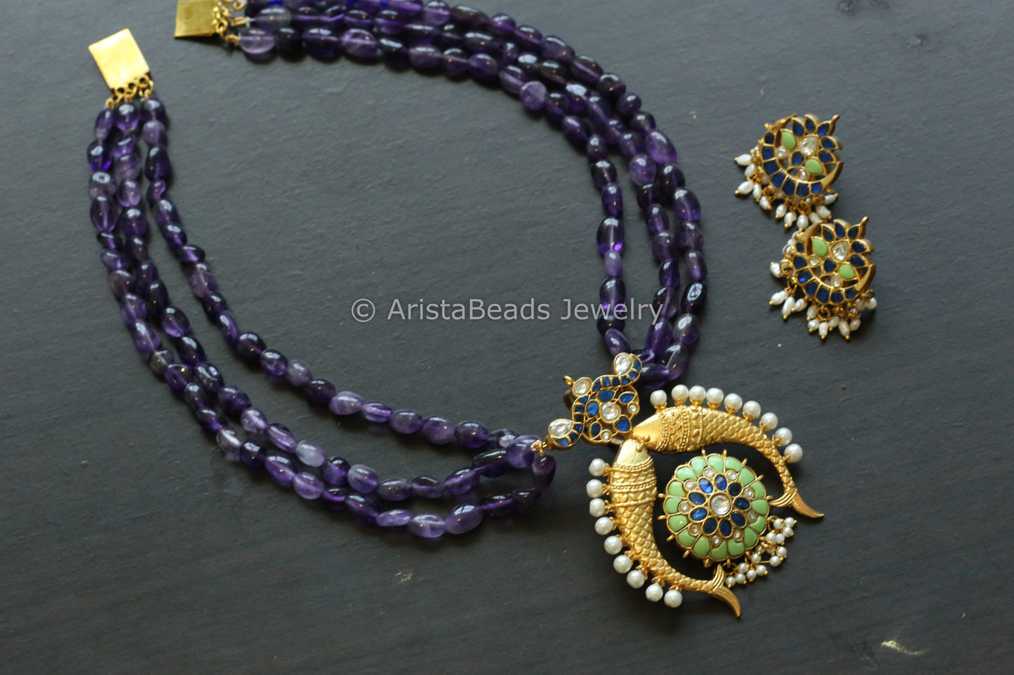 Designer Jadau Necklace Set In Amethyst Mala