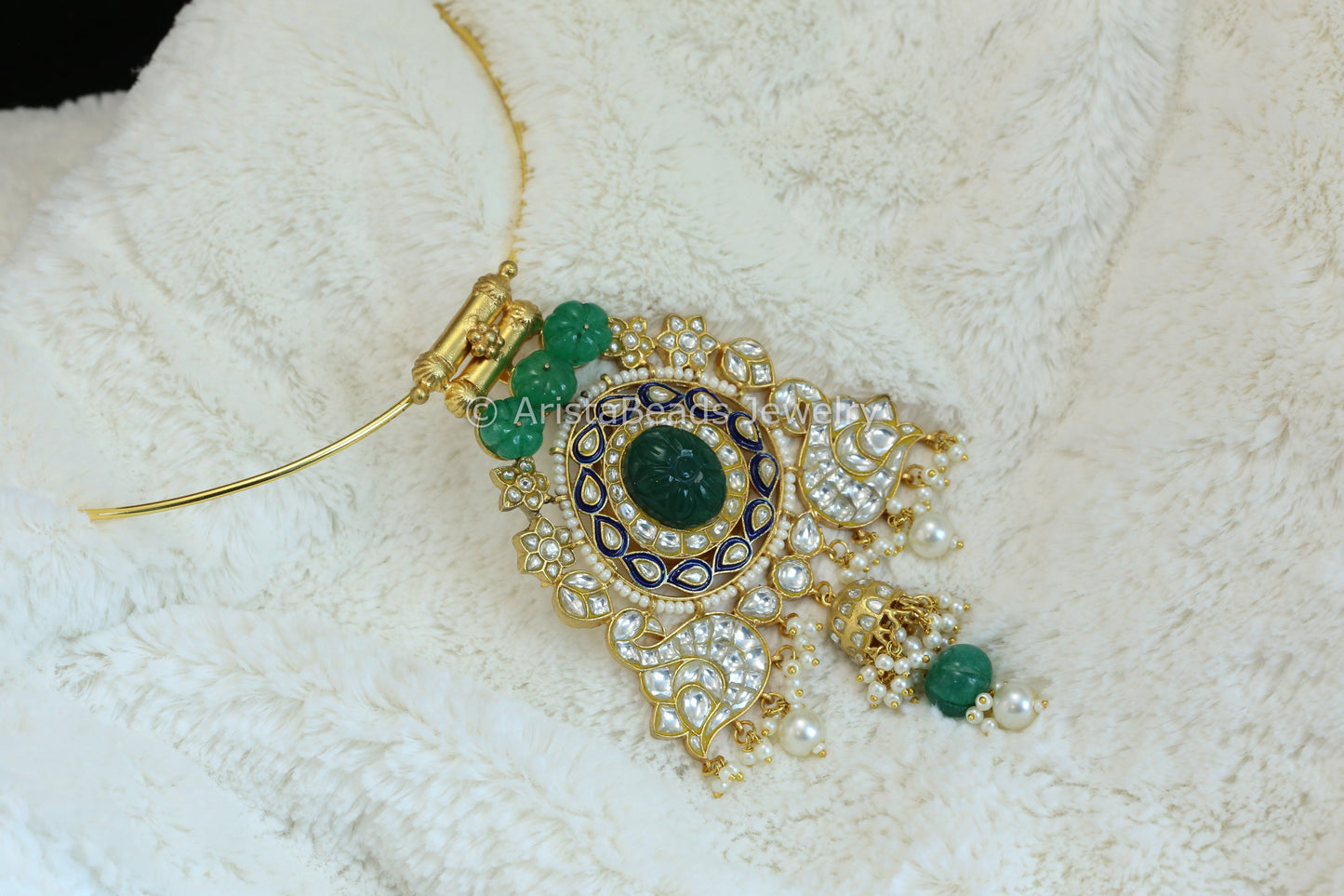 One Of A Kundan Jadau Enamel Hasli Necklace - Jade Stone