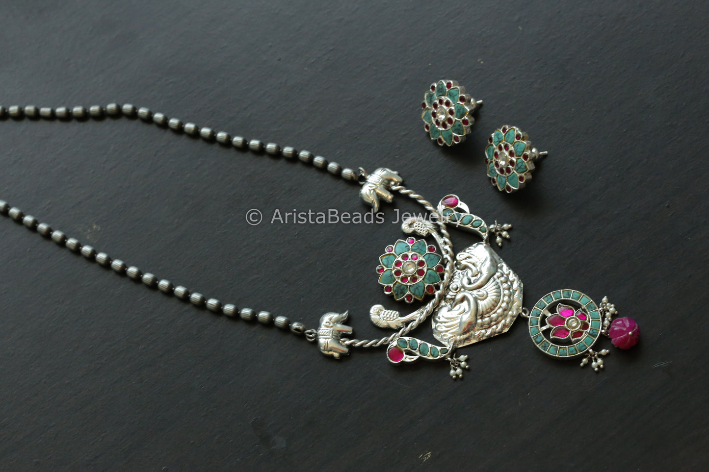 Next To Real Silver Jadau Necklace Set - Turquoise