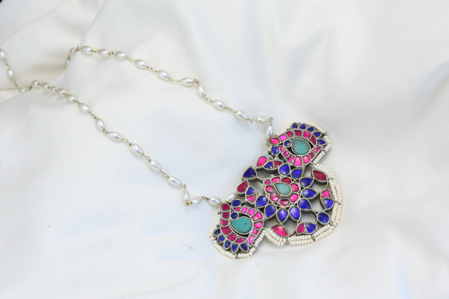 Jadau Kundan Silver Finish Necklace - Blue Ruby