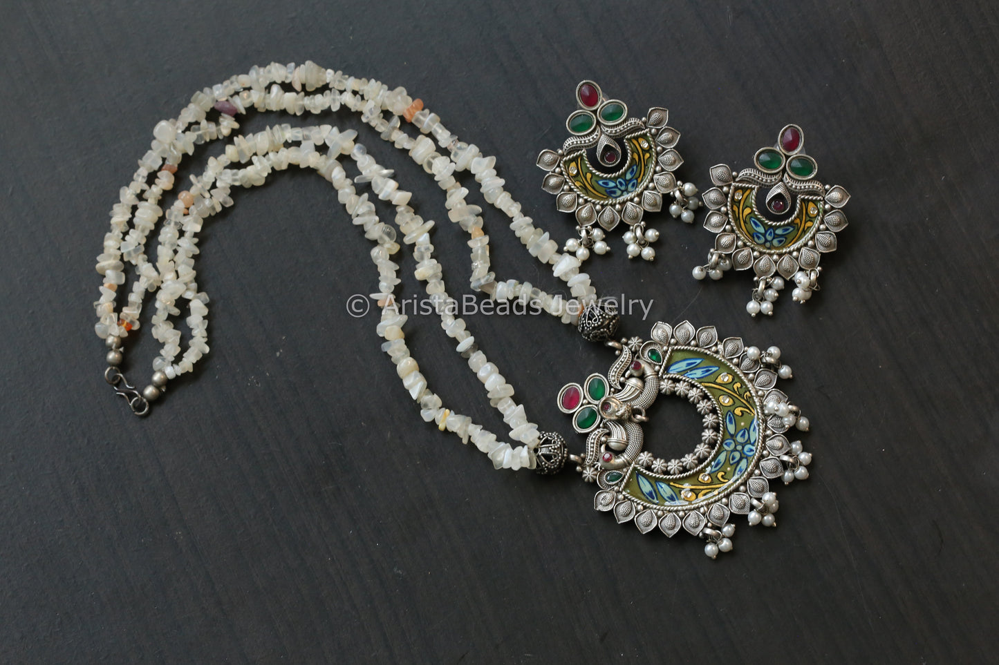 Enamel Oxidized Necklace Set - Moonstone Beads