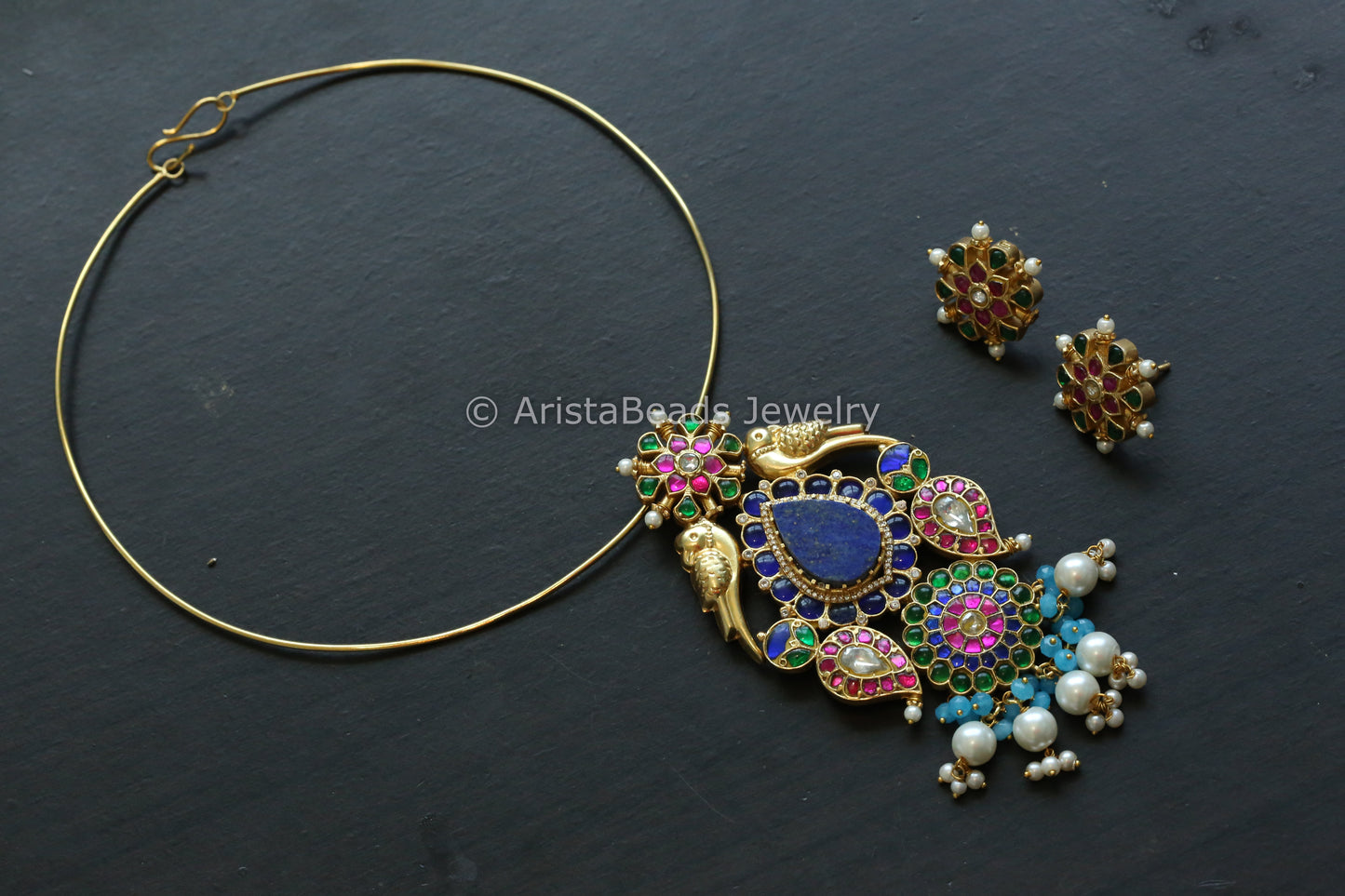Real Jadau Hasli Necklace (Removable) - Lapis Lazuli