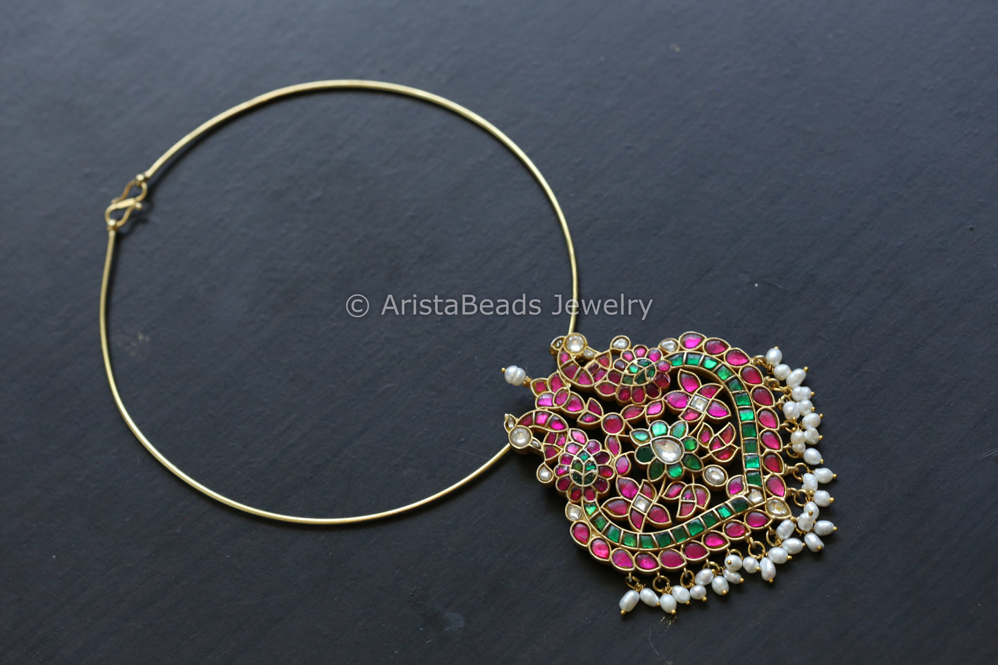 Real Jadau Hasli Necklace (Removable) - Ruby Green