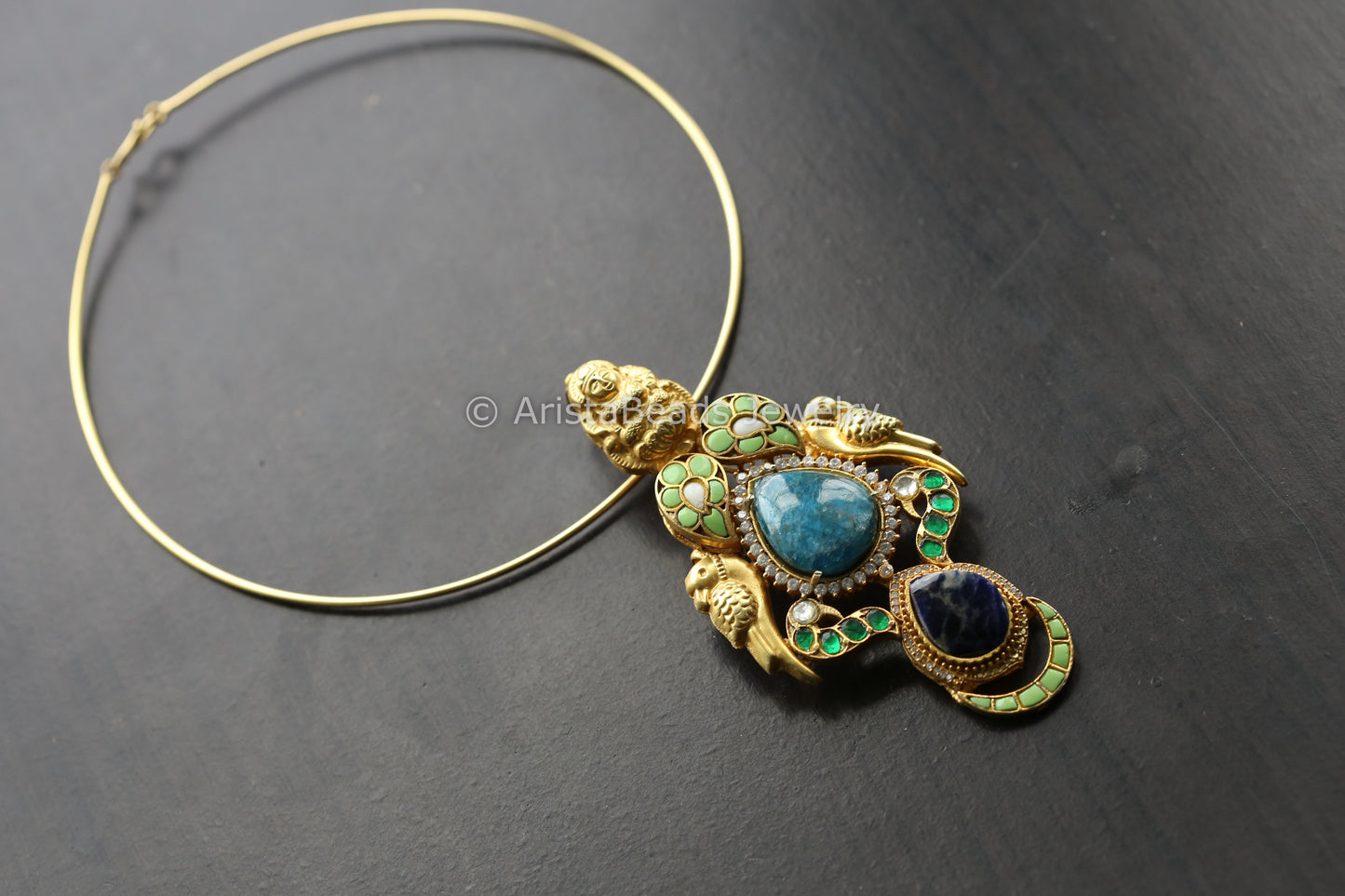 Kundan Jadau Hasli Necklace (Removable) - Blue Chalcedony