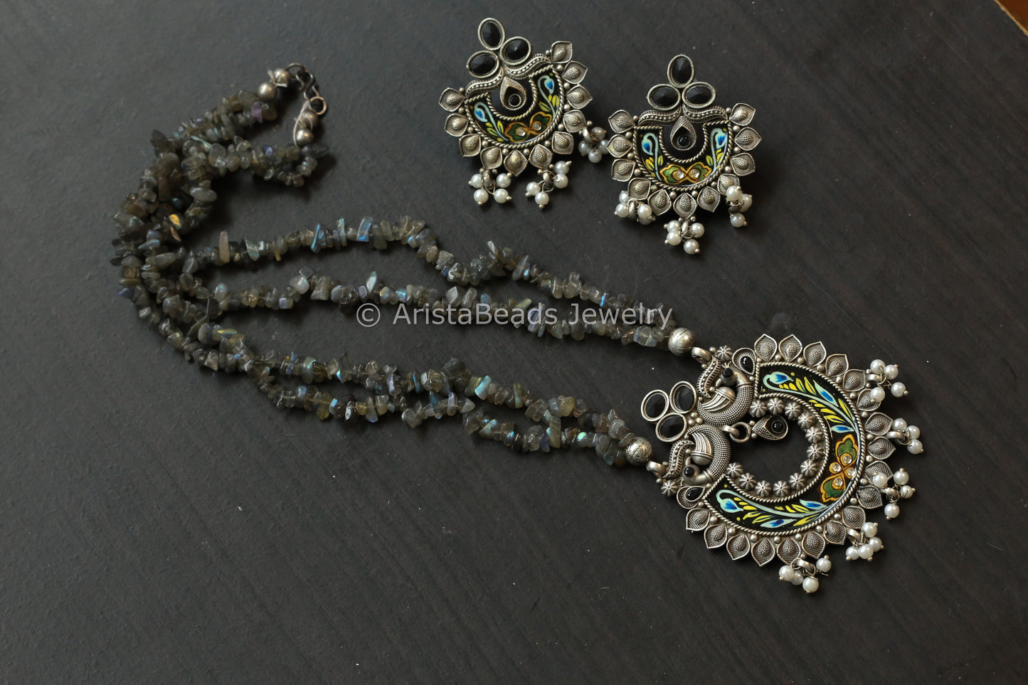 Enamel Oxidized Necklace Set - Labradorite Beads
