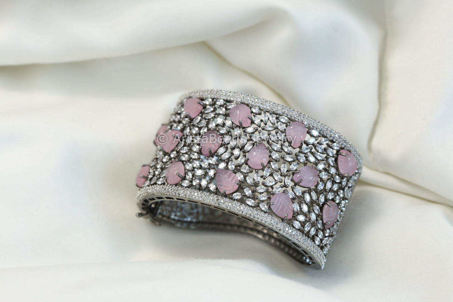 Wide CZ & Carved Stone Bracelet (Openable)- Pink Victorian