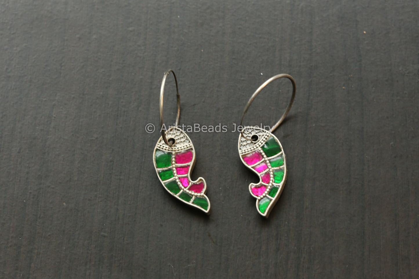 Jadau Fish Hoop Earrings - Ruby Green